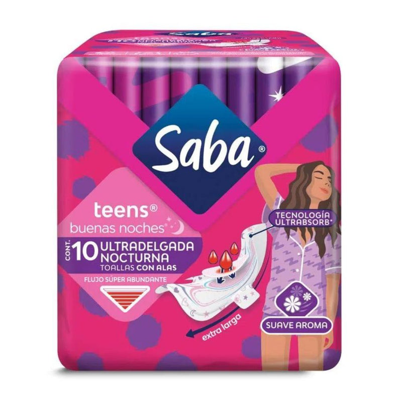 Toallas saba teens con alas con 10 ultra delgada nocturna